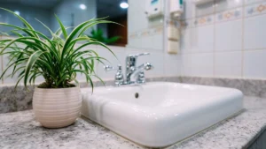 Bathroom vanity with a spider plant in a beige ribbed pot beside a white sink and chrome faucet.