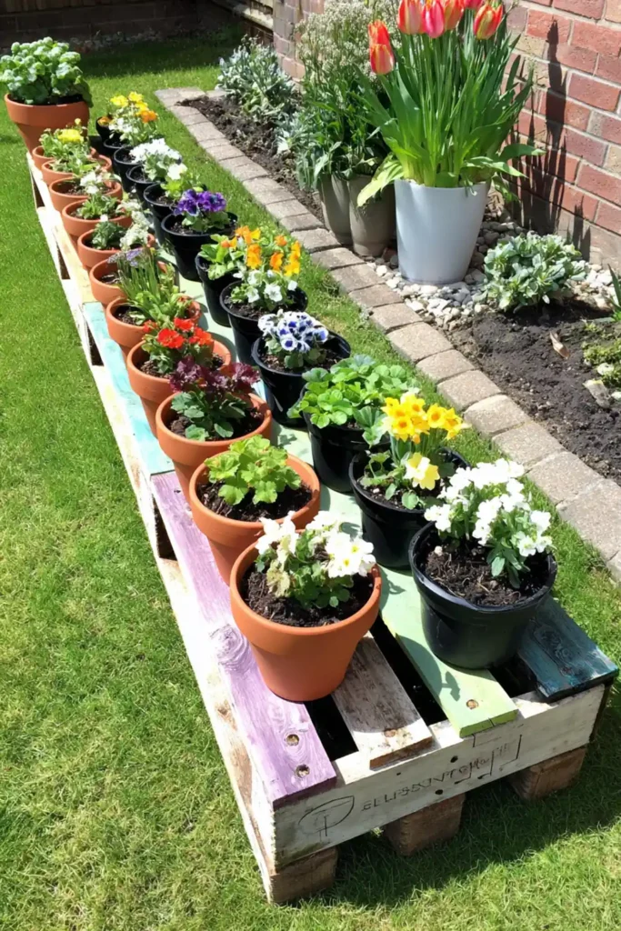 Multi-colored pallet flower bed painted purple and red on grass with small plants