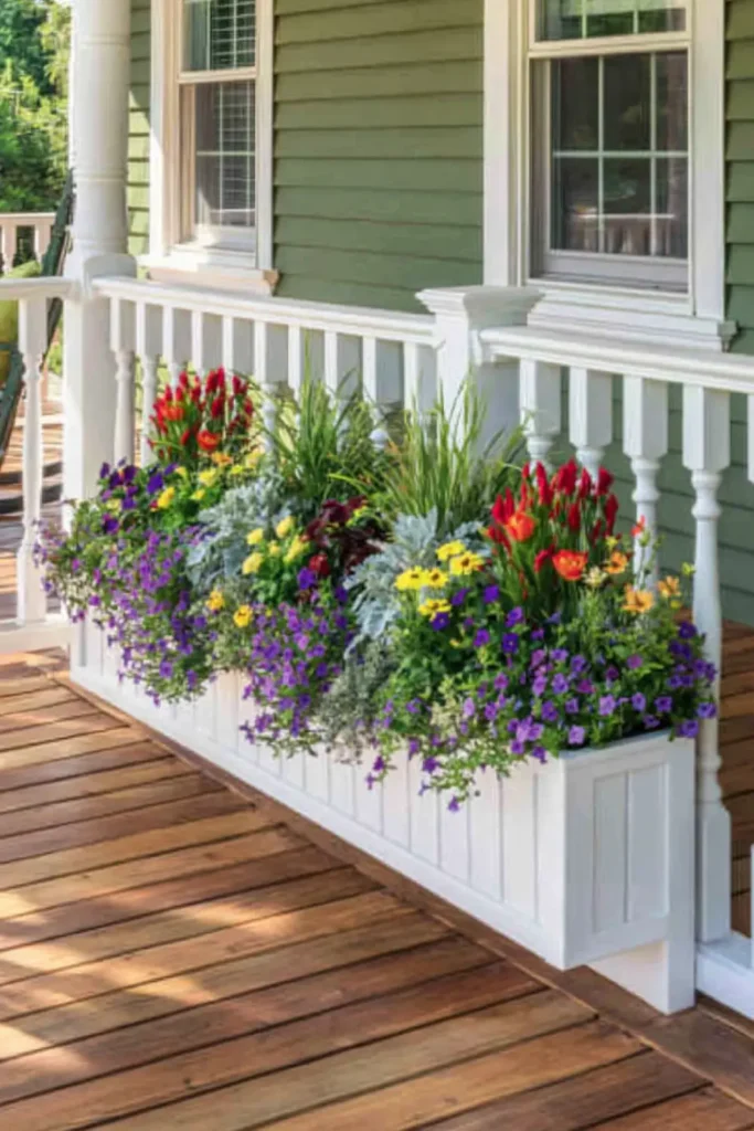Long railing-mounted porch planter with upright red and orange flowers, purple trailing blooms, and silvery foliage