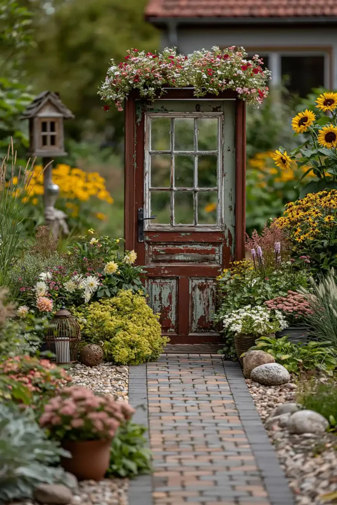 Old door frame used as a decorative garden backdrop surrounded by flowering plants