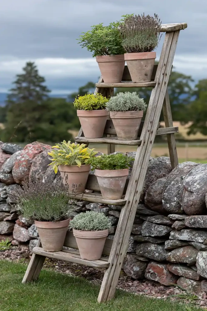 Old wooden ladder used as a plant stand with terracotta pots beside a low stone wall