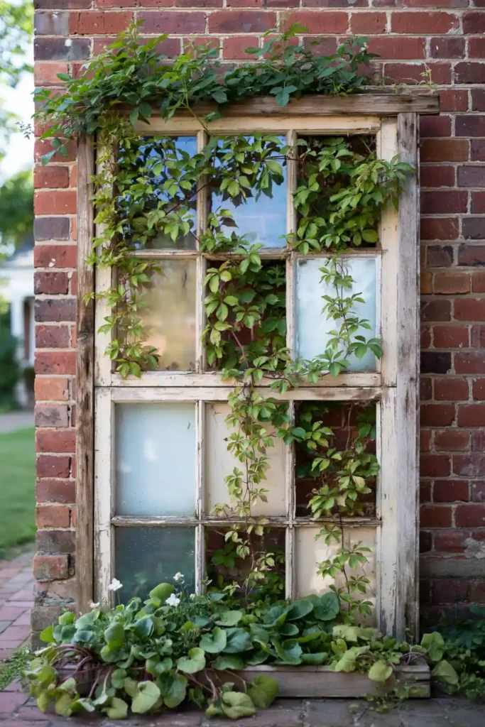 Weathered wooden window frame trellis with climbing vines against a red brick wall