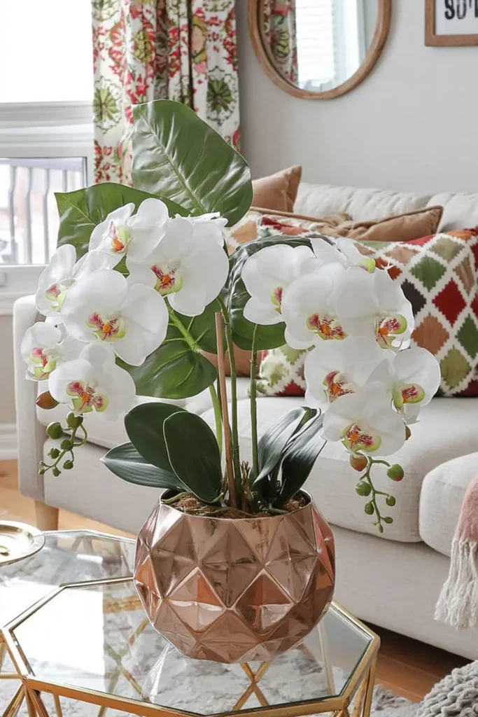 Purple-and-white orchids in a shiny rose-gold metal planter on a glass and gold table in an elegant living room.