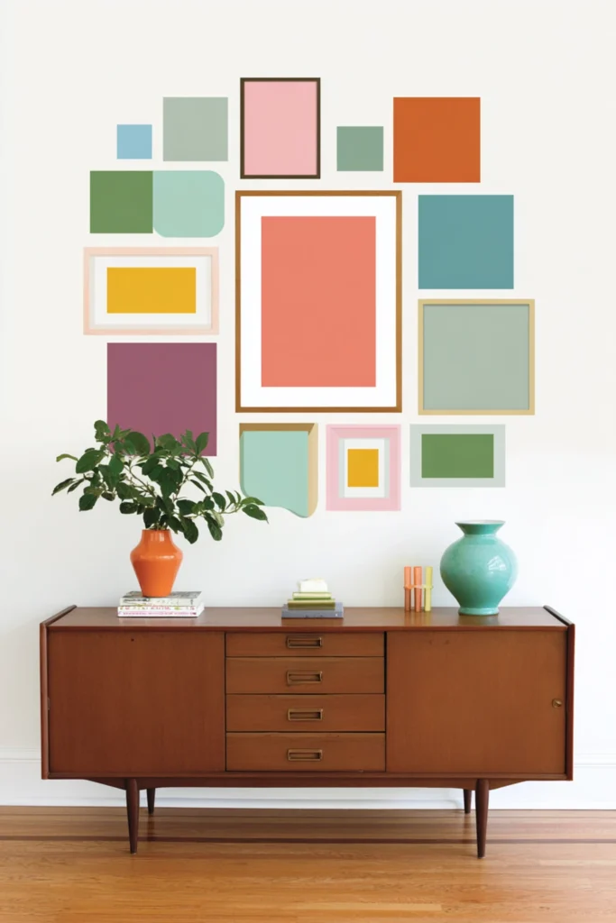 Brown credenza with one large coral artwork and smaller colorful frames arranged around it in an organic gallery wall layout.