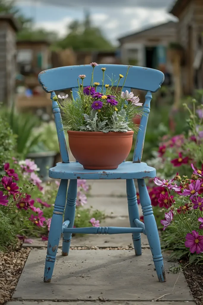 Weathered bright blue chair with a terracotta flower planter on the seat in a blooming garden