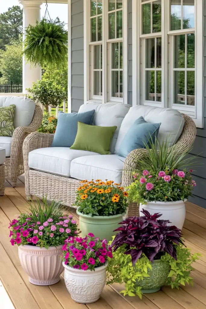 Painted porch pots in soft pink and sage filled with flowers and foliage beside wicker seating