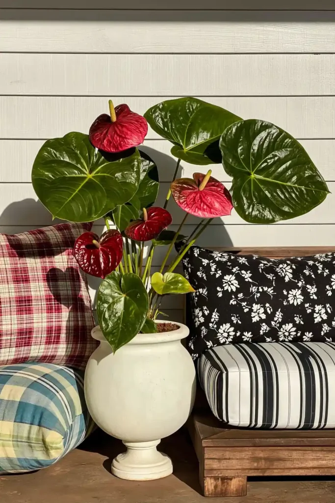 Glossy green Painter’s Palette plant with red-pink spathes in a pale white urn planter beside plaid and striped cushions.