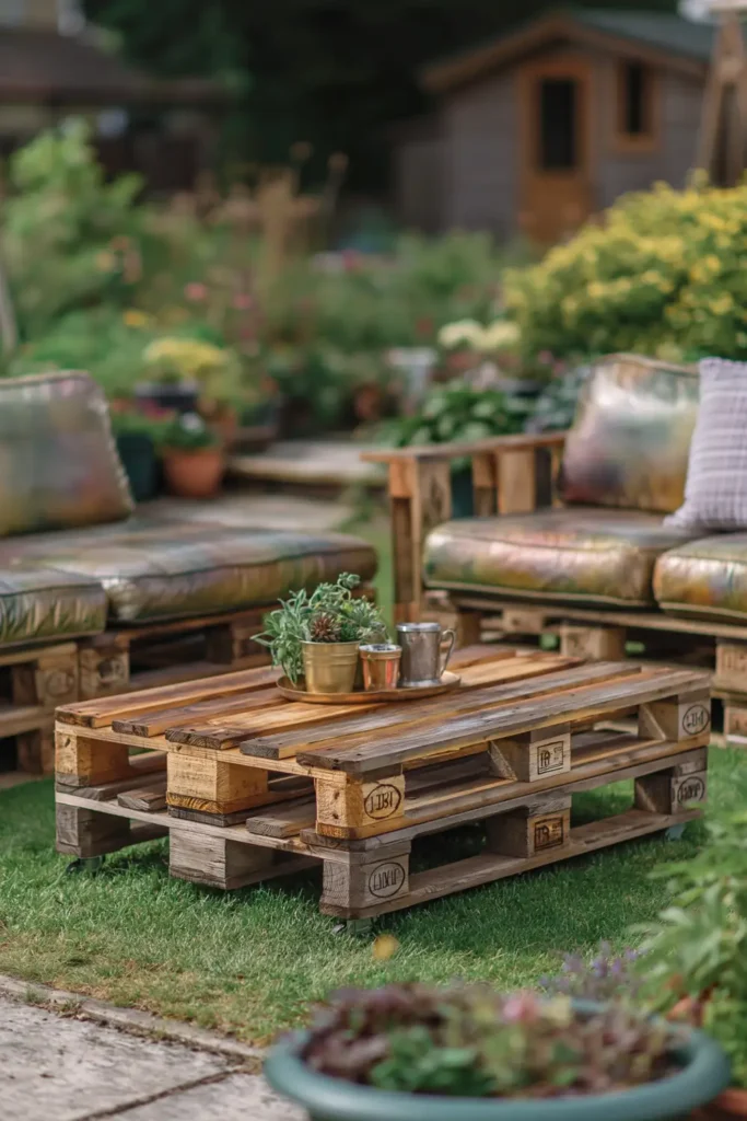 Wooden pallet garden seating with a matching table in a relaxed outdoor setting