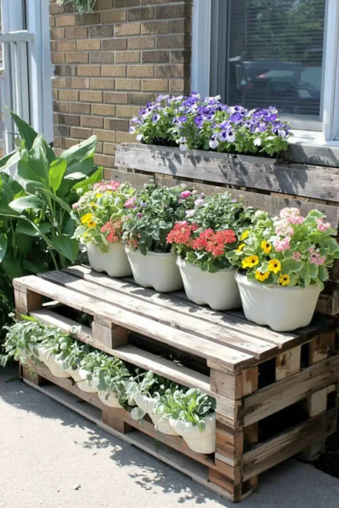 Stained pallet garden bench with built-in planters filled with colorful flowers