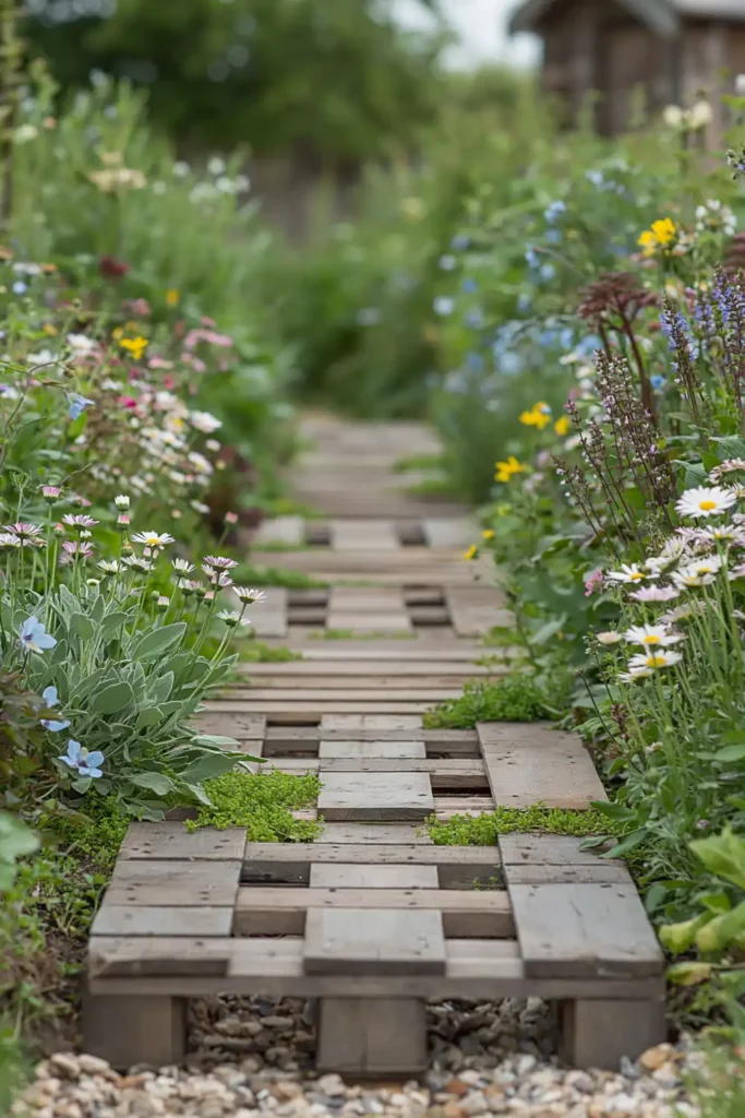 Narrow pallet slat garden path running through dense flowers and greenery