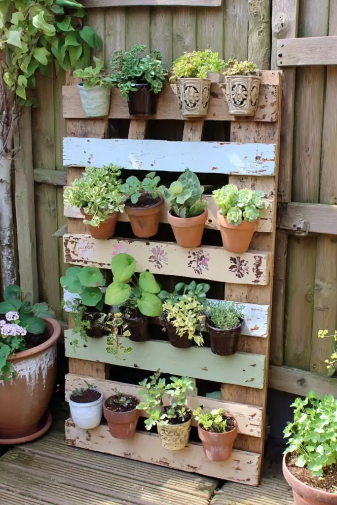 Striped pallet garden with terra cotta pots attached across painted slats