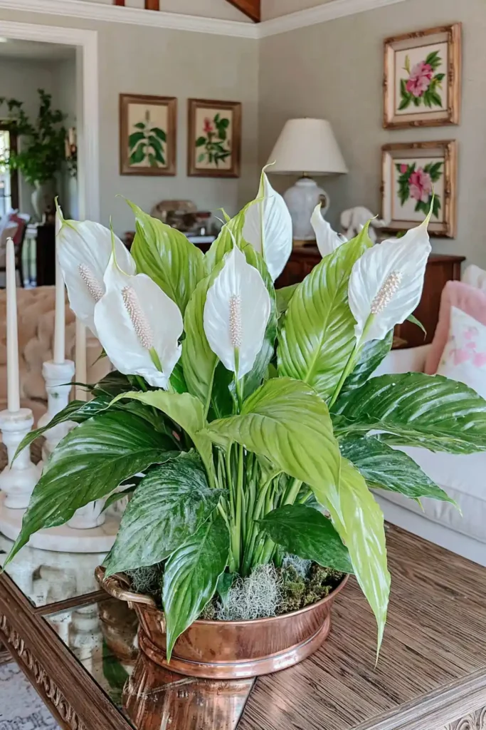 White peace lilies and green leaves styled in a copper tub on a reflective wooden table with warm living room decor behind it.