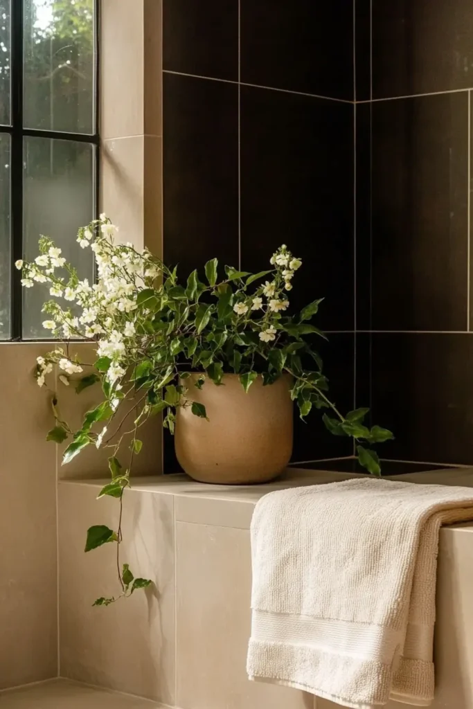 8 Windowless Bathroom Plant Decor Ideas That Actually Work 6 Windowless bathroom shower corner with a peace lily and soft white blooms on a ledge