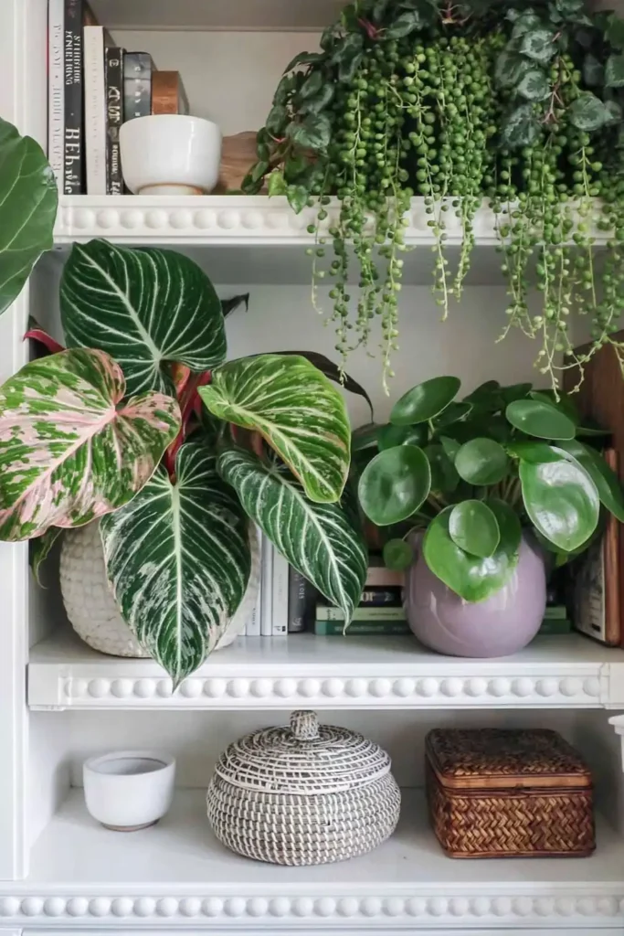 Pink Princess Philodendron, Chinese money plant, and trailing string of pearls arranged on a white shelf with books and a woven basket.