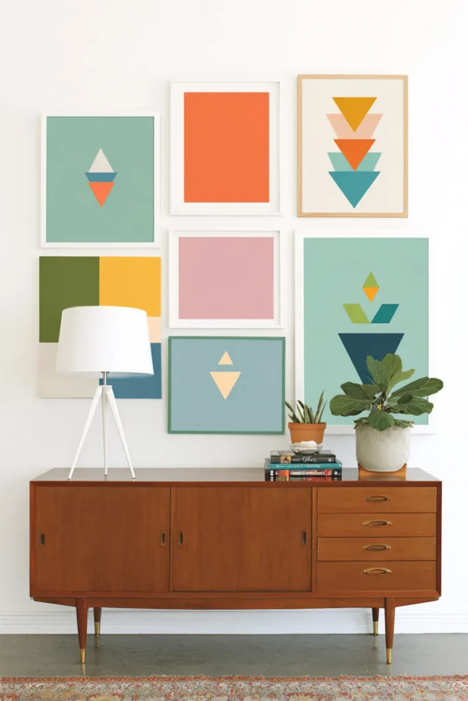 Brown credenza with a small pyramid-shaped gallery wall, a white tripod lamp, and a potted plant.