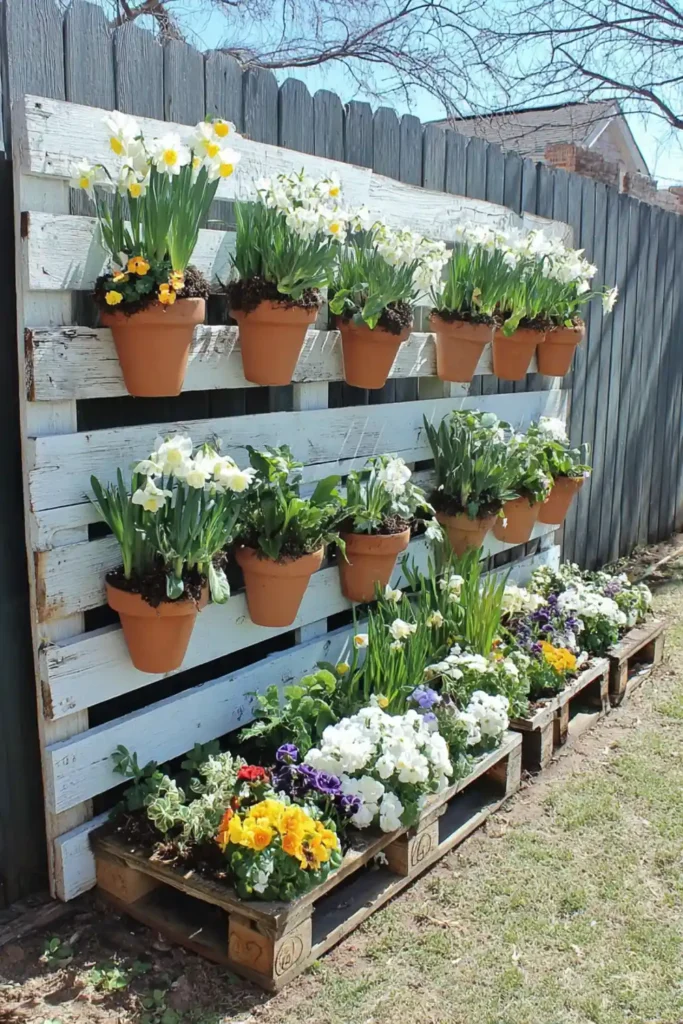 Rainbow painted pallet flower planter with terracotta pots and bright blooms