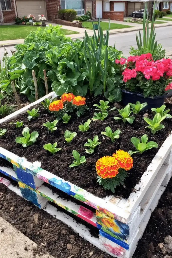 Raised wood pallet garden bed with small green plants and orange marigolds