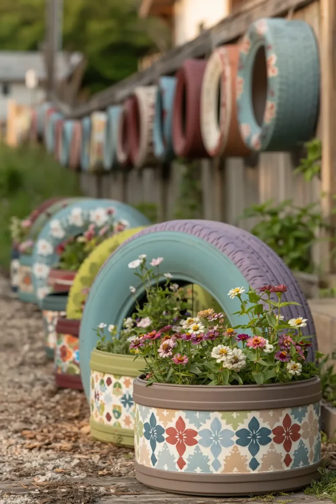 Brightly painted recycled tire planters filled with flowers in a backyard garden