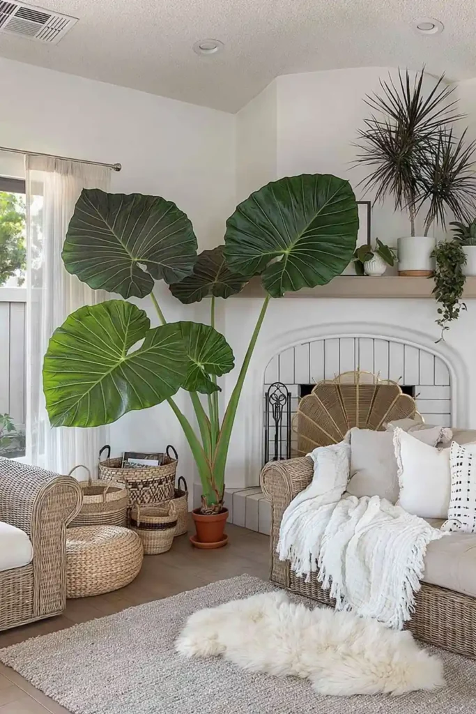 Large dark-leaved Regal Shield-style plant in a terracotta pot near a cozy fireplace with wicker furniture.