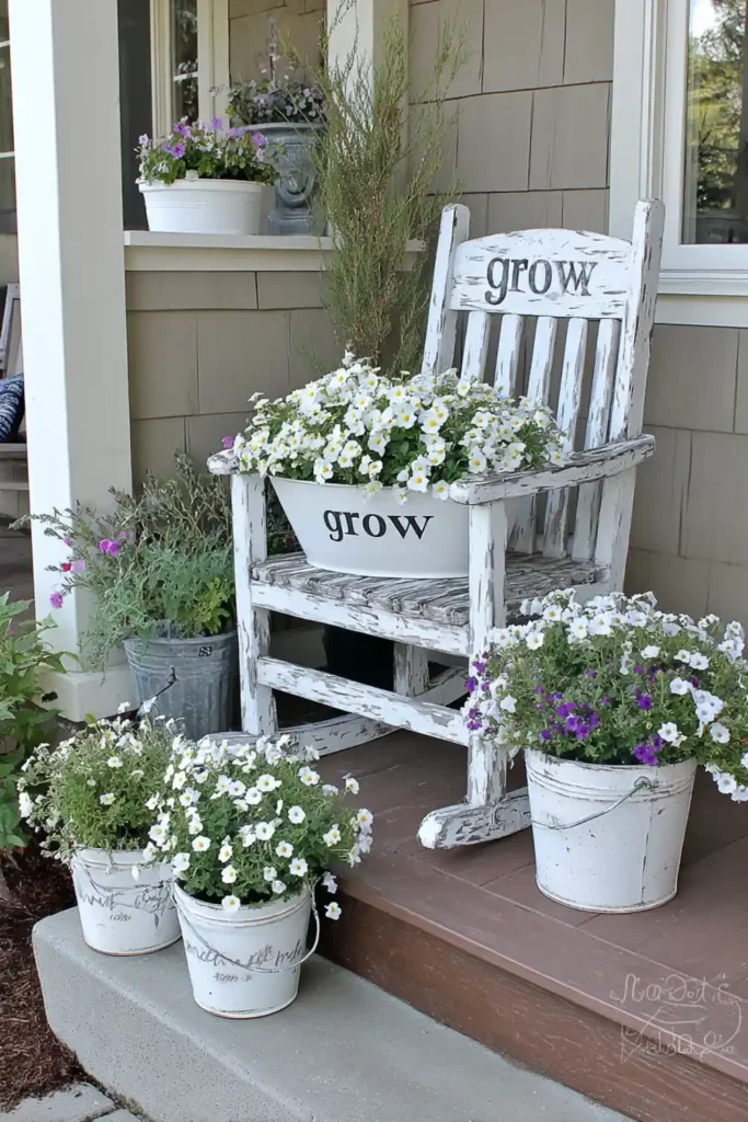 Distressed white chair planter with a white enamel basin of white flowers on a farmhouse porch.