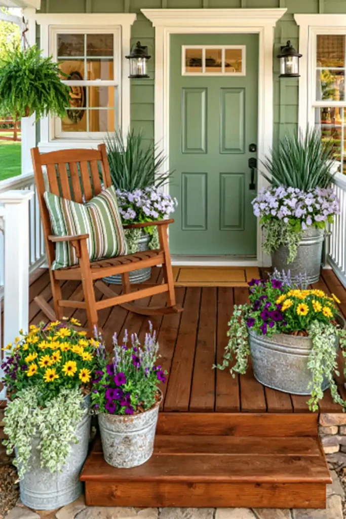 Rustic porch planters made from galvanized buckets and a metal basin filled with daisies and lavender-toned flowers