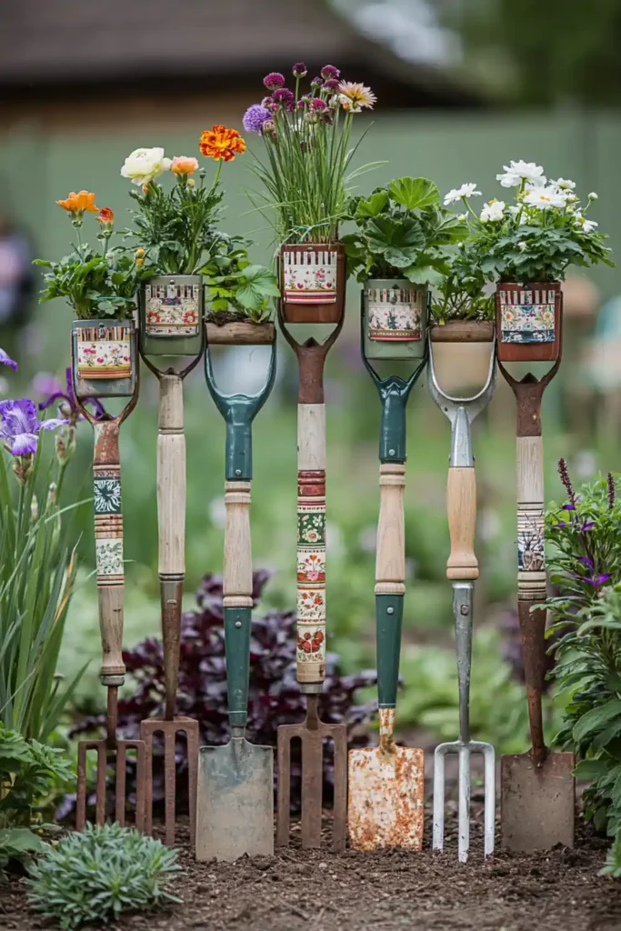 Old garden tools repurposed as upright vertical planters with flowers and leafy plants