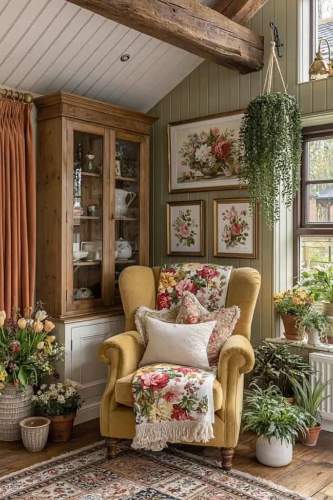 Sage green cottagecore living room corner with mustard yellow armchair, floral throw, glass-front cabinet, hanging plant, orange curtains, and patterned rug.