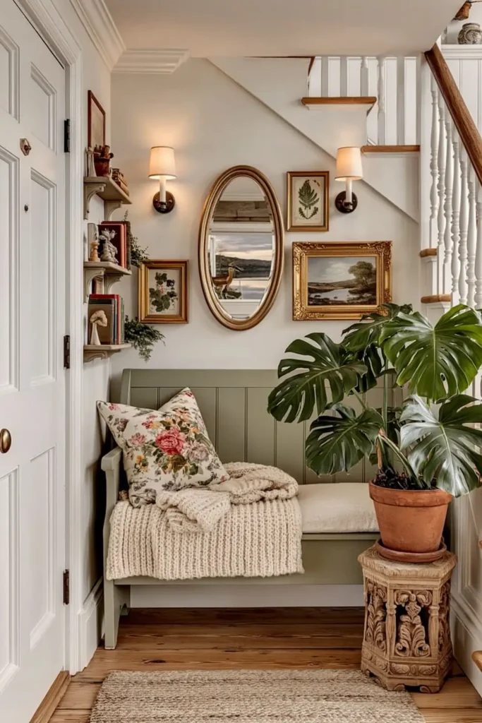 Small cottagecore sitting area with sage green wooden bench, floral pillow, oval mirror, gold-framed art, monstera plant, and woven rug.