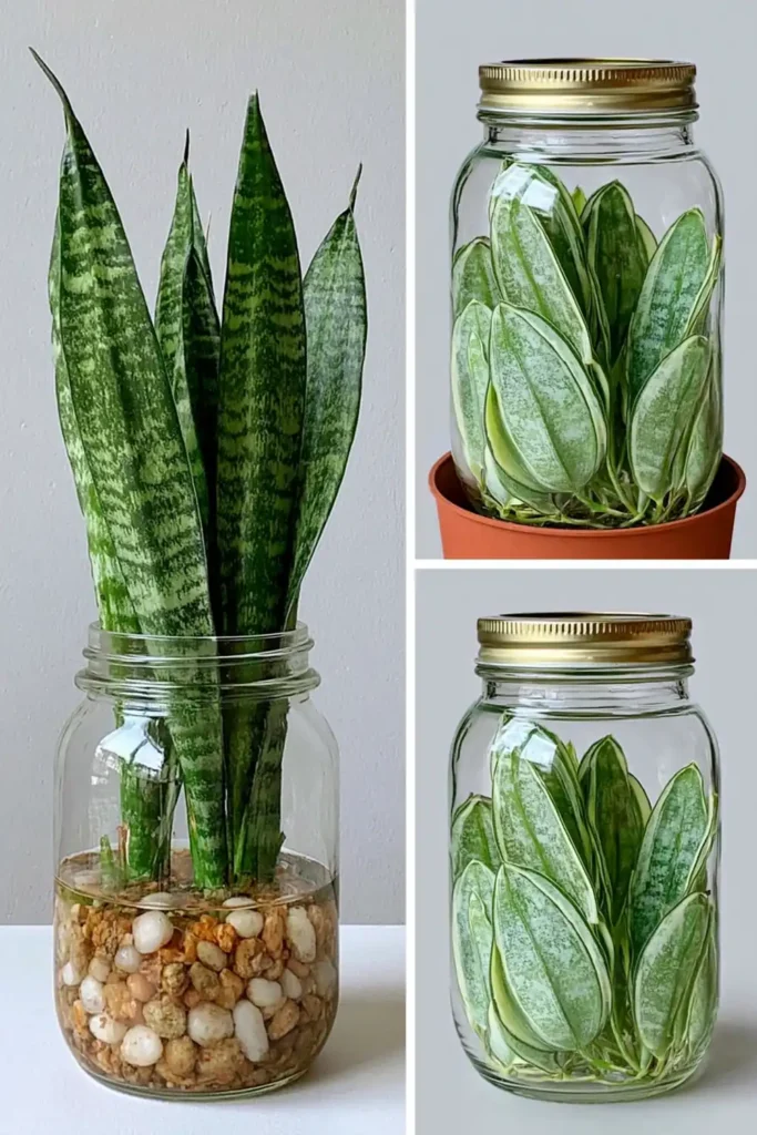 Pale silvery-green Sansevieria Sayuri leaves displayed in a clear glass jar