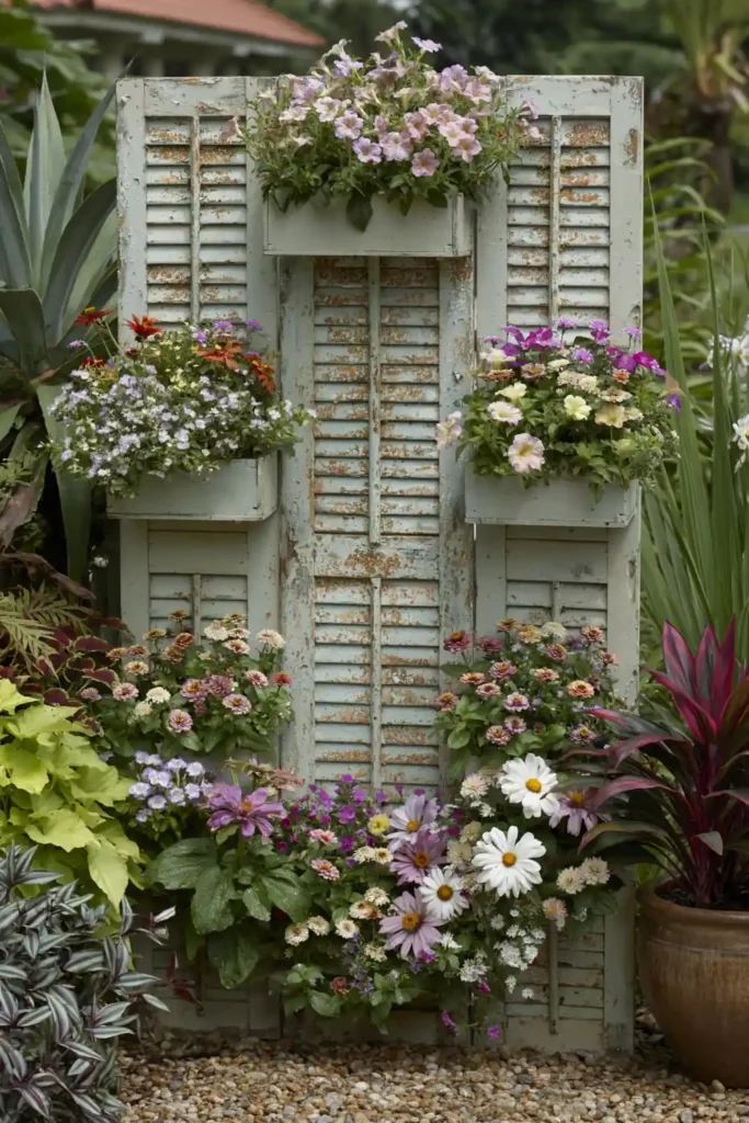 Repurposed shutters used as flower-box decor with blooming flowers and greenery outdoors