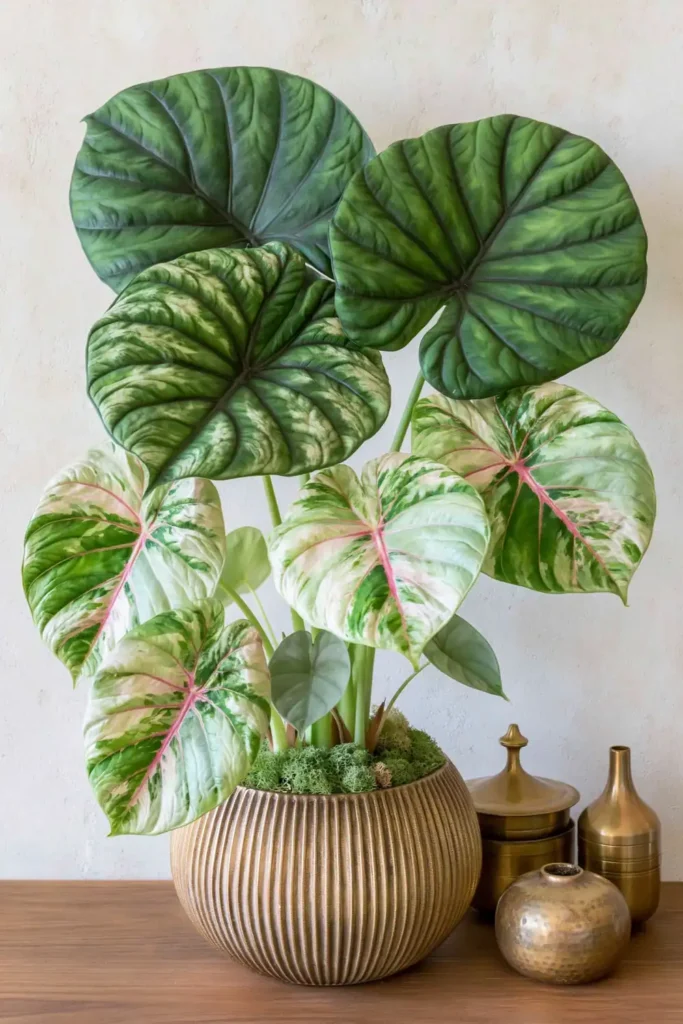 Silver-green Alocasia with bold veined leaves in a ribbed gold planter on a wooden surface.