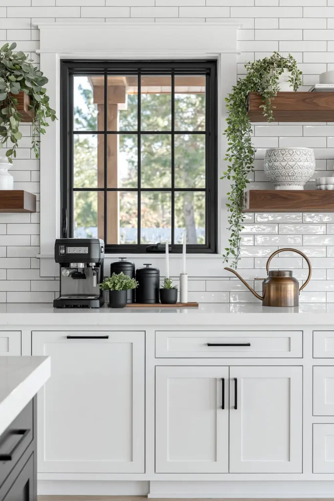 Simple kitchen coffee station under a black-framed window with a coffee machine, black canisters, wood shelves, and trailing greenery.