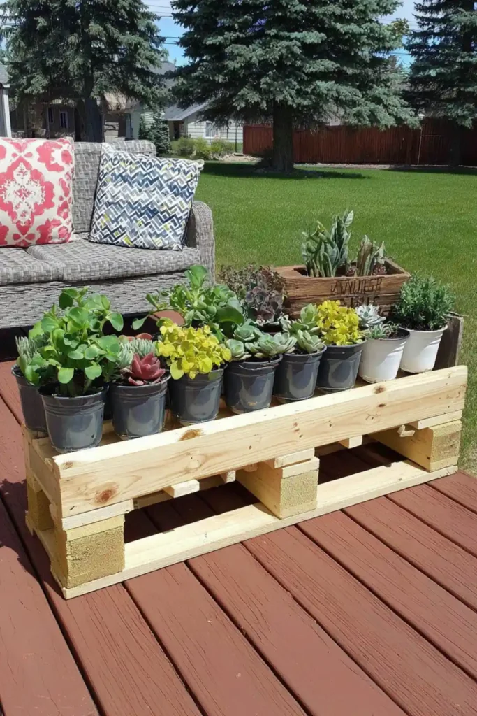 Natural wood pallet porch garden with rows of small planted pots on a deck