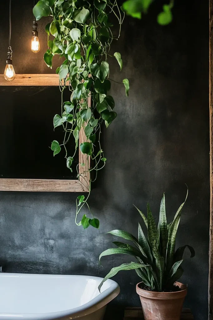 8 Windowless Bathroom Plant Decor Ideas That Actually Work 2 Dark low-light bathroom plant scene with trailing vines and an upright snake plant in a pot