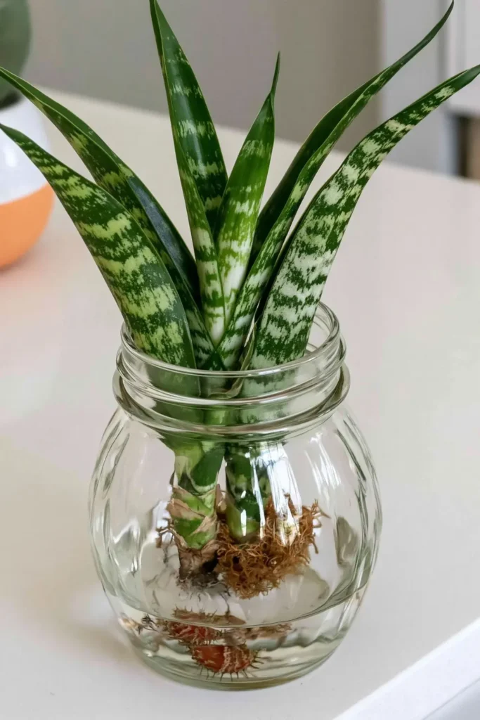 Snake plant cutting in a clear glass jar on a light kitchen island for simple indoor plant decor