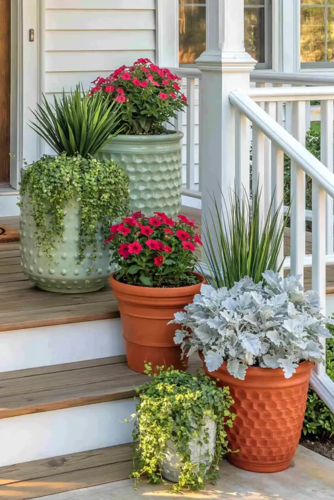 Small porch corner with blue and terracotta pots filled with pink flowers and trailing greenery