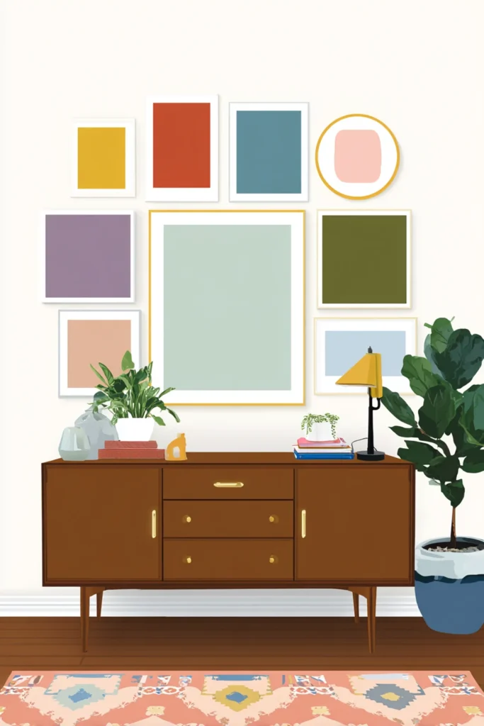 Brown credenza with a spiral gallery wall centered around a pale mint square and colorful surrounding frames.