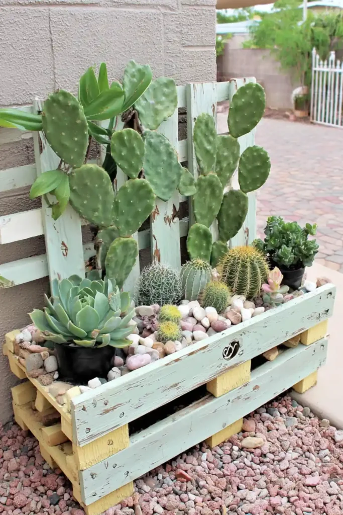 Blue pallet cactus planter with succulents at the top and gravel below