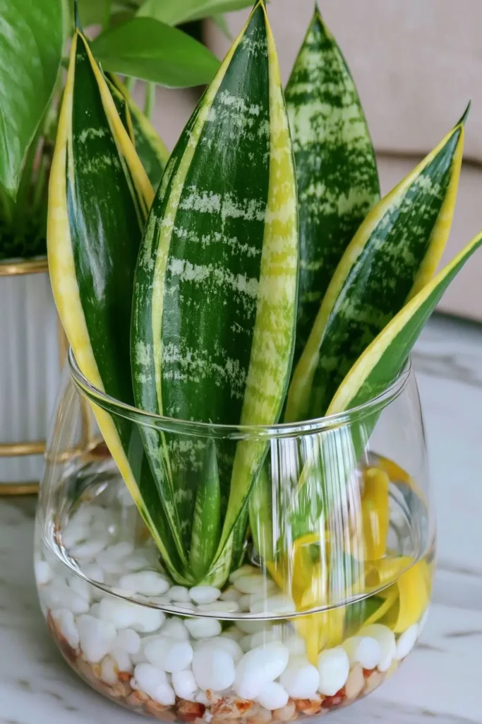 Close-up of a green snake plant leaf in a clear glass container