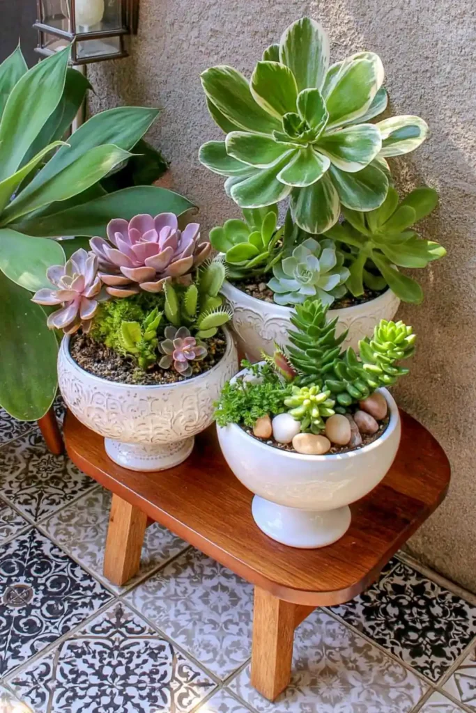 Succulents arranged in ornate white porcelain footed planters on a wooden table with patterned tile and lush green foliage nearby.