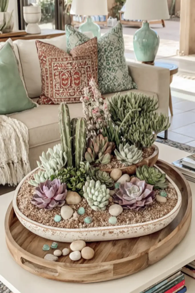 Shallow oval tray filled with succulents, gravel, and decorative stones on a coffee table in a bright living room.