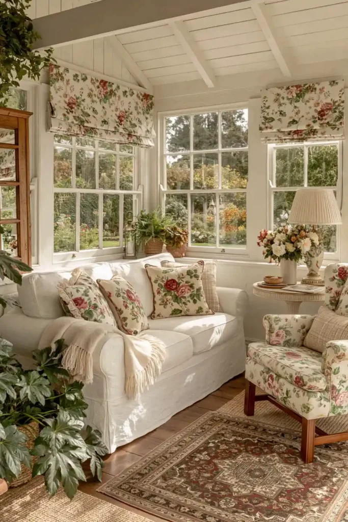 Sunlit cottagecore living room with white slipcovered sofa, floral pillows, floral armchair, leafy plants, Roman shades, and garden views.