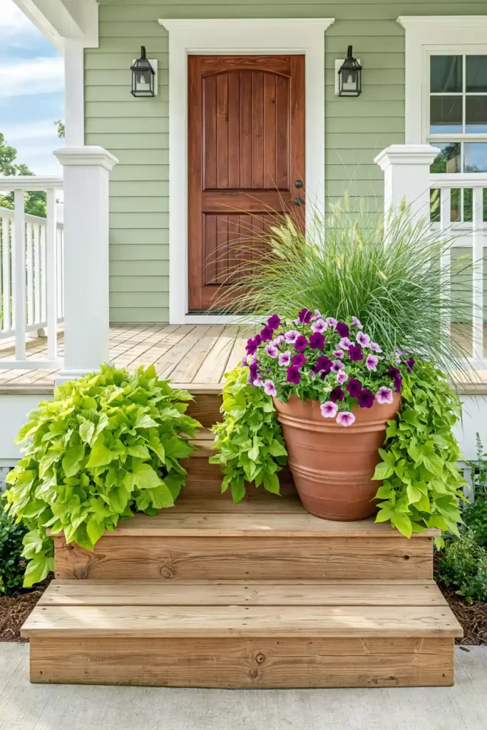 Terracotta porch planter with trailing lime sweet potato vine, purple and pink petunias, and upright grass