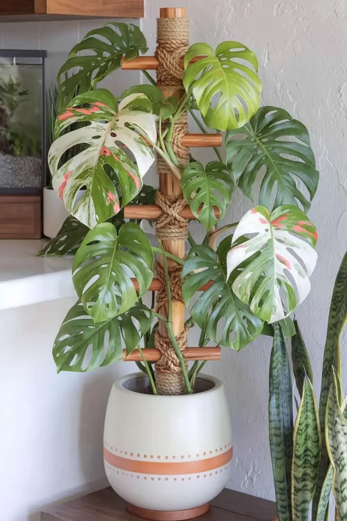 Swiss cheese plant in a cream planter growing up a natural ladder-style stake in a bright indoor plant corner.
