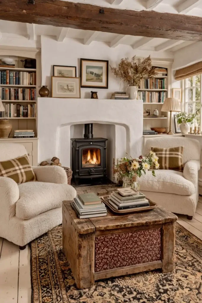 Symmetrical cottagecore living room with white fireplace mantel, built-in shelves, two armchairs, chunky wooden coffee table, flowers, and patterned rug.
