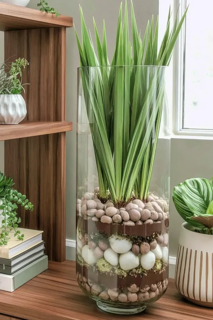 Tall transparent glass vase with clay pebbles, soil, white stones, and long green grass-like leaves near a wooden shelving unit.