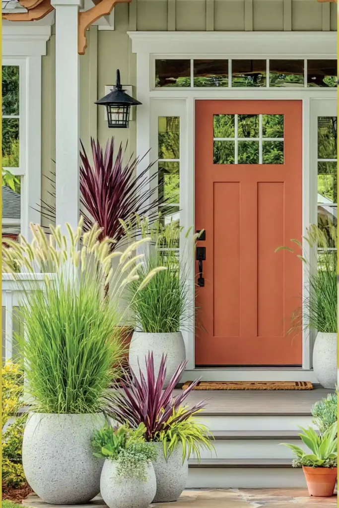 Tall porch planters with grass-like plants and a burgundy spiky plant beside a red front door