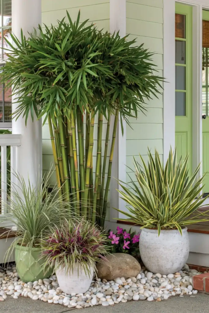 Tall porch privacy planters with bamboo canes, sword-like leaves, and grasses against pale siding