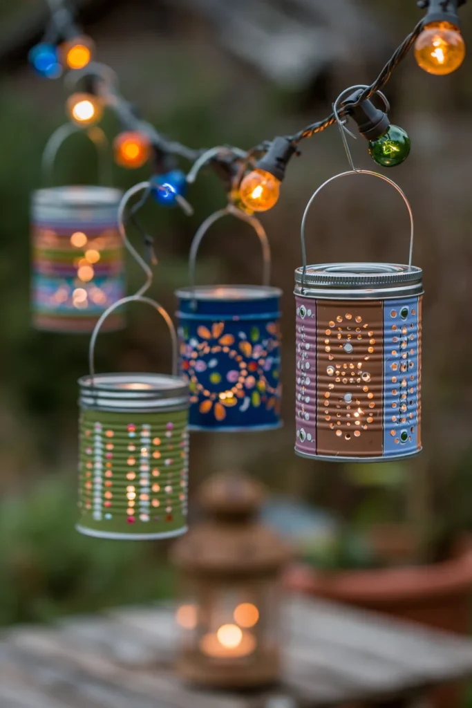 Hanging tin can lanterns with decorative cutout patterns used as garden lighting