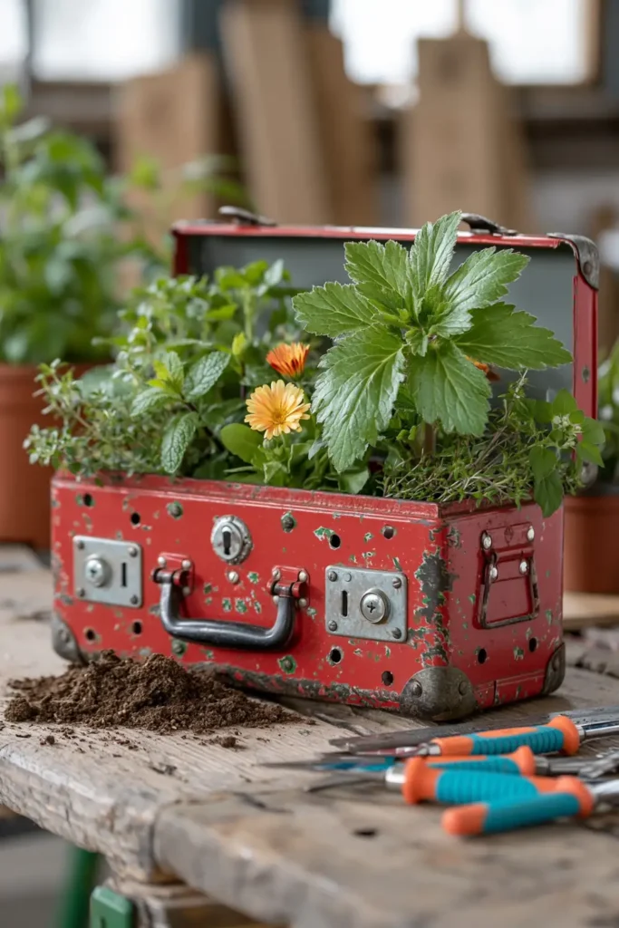 Open red metal toolbox used as a planter with herbs and flowers on a weathered wooden table